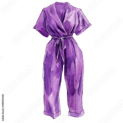 watercolor vector of Stylish Jumpsuit With A Belted Waist, high quality, isolated on a white background.