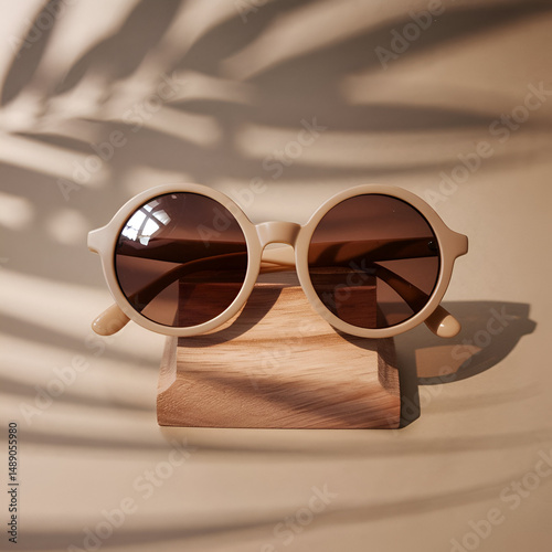 The product mockup features a beige round sunglasses with soft sunlight and palm leaf shadows.