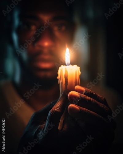 A young Black man gently holds a flickering candle, creating a warm, intimate moment in the dim light.
