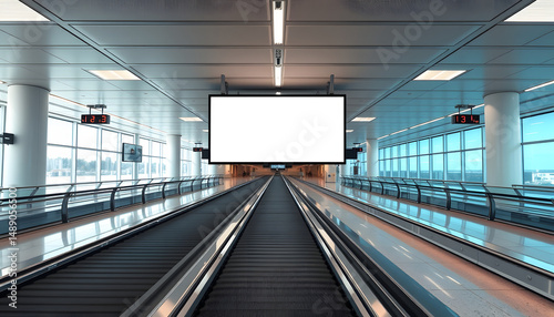 A baggage claim area in a hall of a contemporary airport arrival zone with luggage conveyor belt and a mock-up of a long white empty advertising or information billboard and tv plasma screen, digita