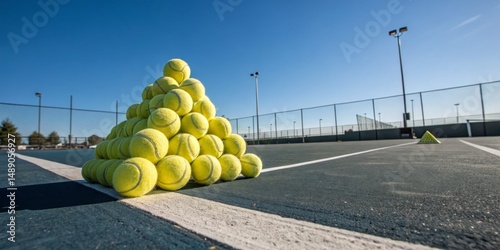 Pyramid of bright yellow tennis balls on an outdoor court under a clear blue sky during late afternoon