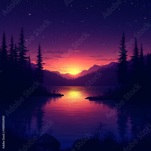 Colorful sunset over a lake in a forest