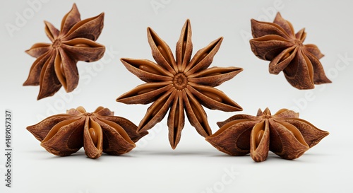 Slightly Rotating Star Anise Spices Shimmering in Light on White Background