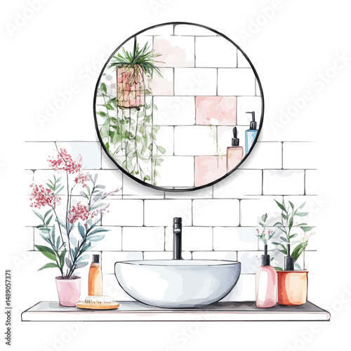 Stylish Bathroom Mirror Above A Sink, watercolor illustration vector, high quality, isolated on a white background.