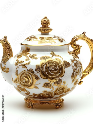 Ornate white tea pot with gold roses