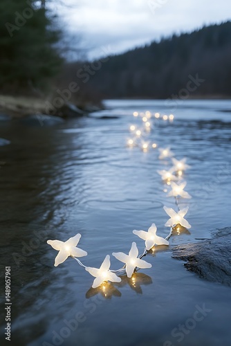 Star-shaped lights float on a river
