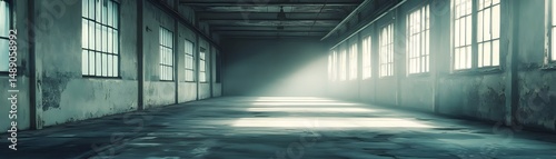 Empty industrial space with light rays illuminating the interior.
