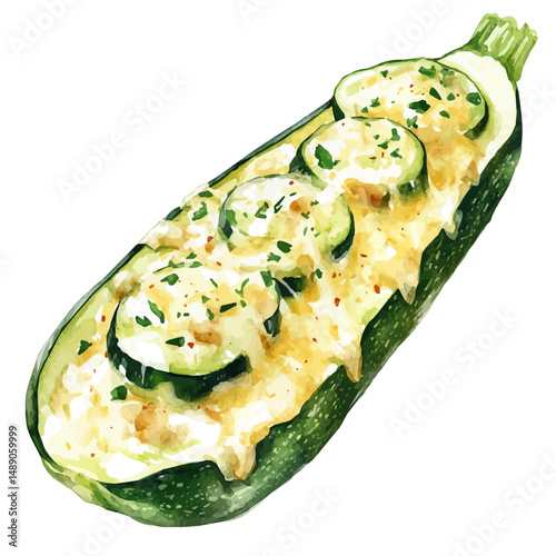 Stuffed Zucchini Boats With Cheese Topping, watercolor illustration vector, high quality, isolated on a white background.