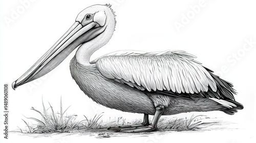 Detailed pencil sketch of a pelican