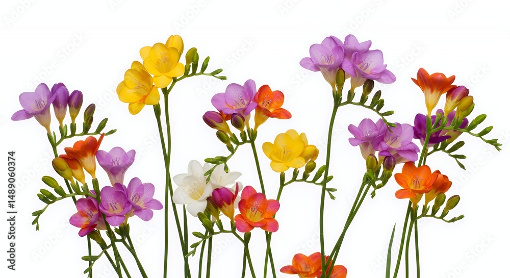 Fototapeta premium Delightful Freesia Flowers Field with Vibrant Yellow Purple and Orange Hues Swaying on Plain White Isolated Background Perfect for Decoration and Spring Themes