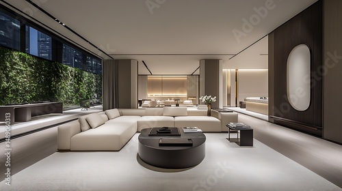 Modern minimalist living room with city views