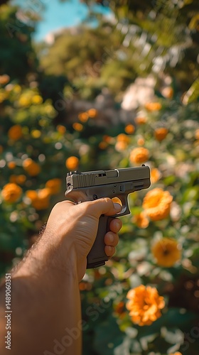 Hand holding handgun in garden