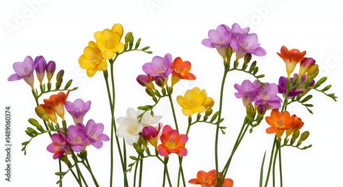 Delightful Freesia Flowers Field with Vibrant Yellow Purple and Orange Hues Swaying on Plain White Isolated Background Perfect for Decoration and Spring Themes