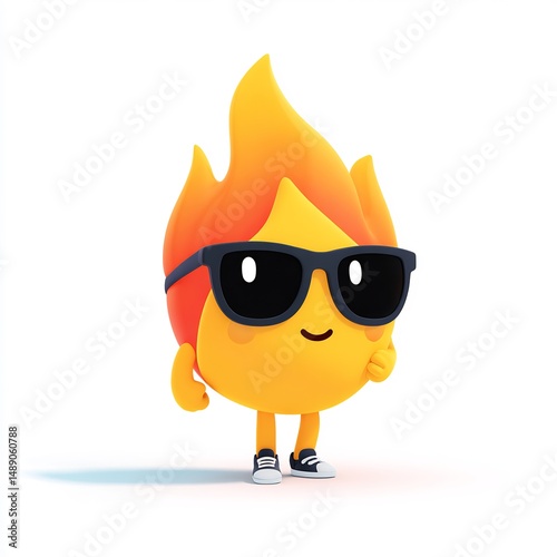 cute flame character with sunglasses isolated white