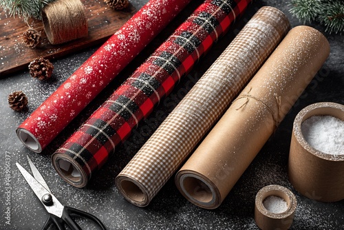 Christmas gift wrapping station paper rolls ribbons with snow dusting flat lay setup