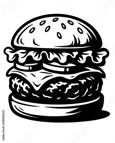 A black and white drawing of a hamburger with lettuce and cheese