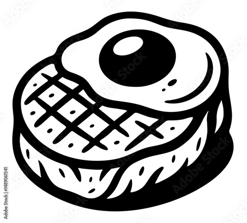 A black and white drawing of a piece of meat with a fried egg on top
