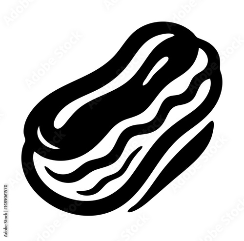 An eclair is shown in a black and white drawing. The eclair is shown in a close up and is the main focus of the image
