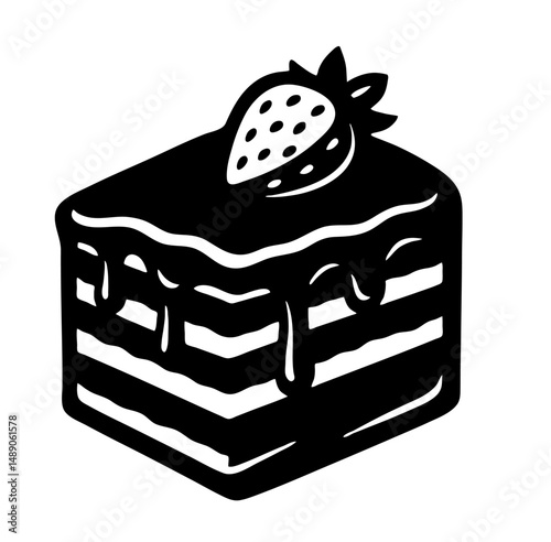 A black and white chocolate cake with a strawberry on top