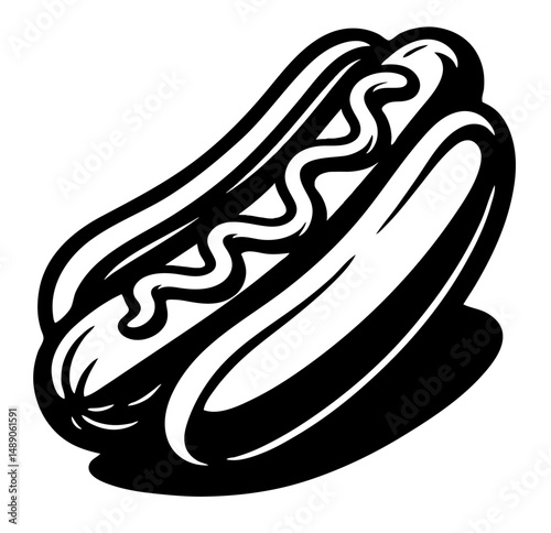 A hot dog with mustard and ketchup on it. The hot dog is on a white background