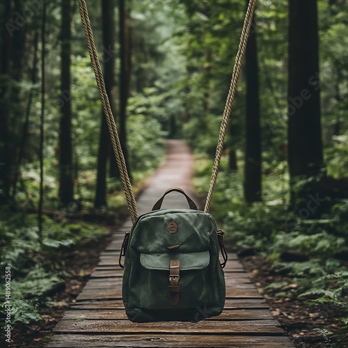 Hiking backpack in forest path