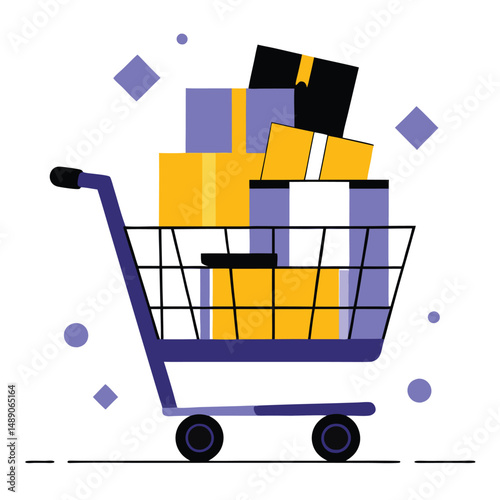 3D Illustration of a Shopping Cart Filled with Assorted Boxes