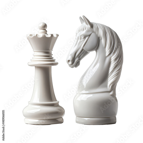 Elegant white chess queen and horse figurines isolated on a clean background showcasing strategic game pieces, white chess queen and horse isolated non isolated on Transparent background photo