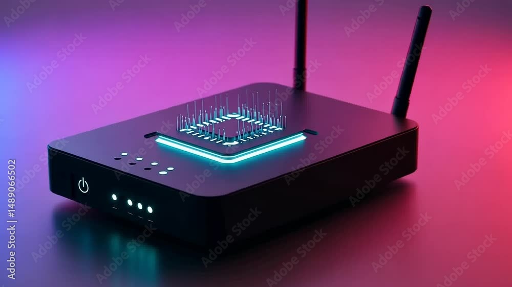 Futuristic Router with Glowing Details on Gradient Background Showcasing Modern Network Technology