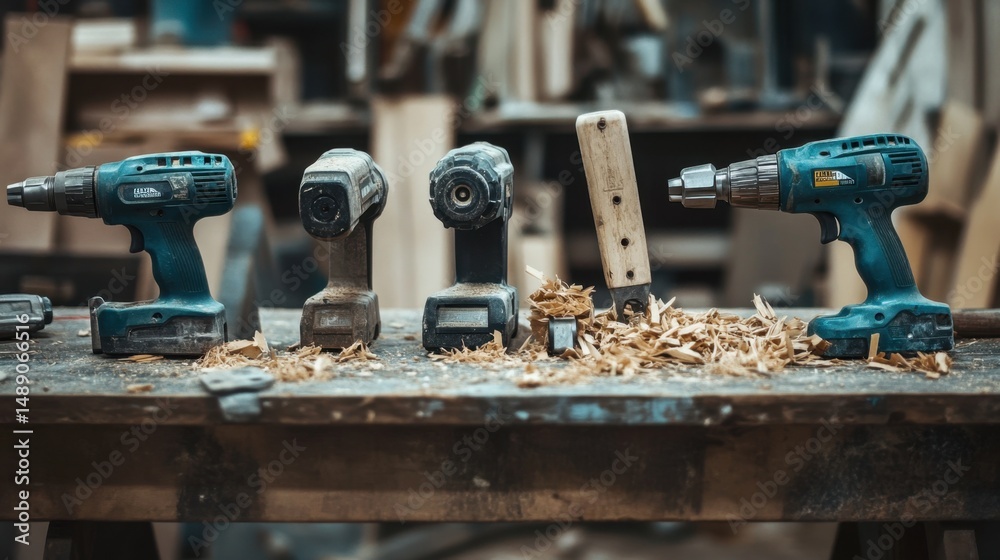 Collection of power tools placed on dusty construction table, surrounded by wood shavings Collection of power tools placed on dusty construction table, surrounded by wood shavings
