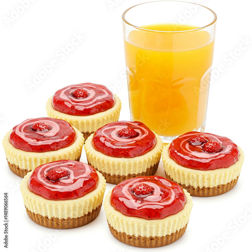 Mini cheesecake bites topped with fresh strawberries, served alongside a refreshing glass of juice, isolated on a clean white background.