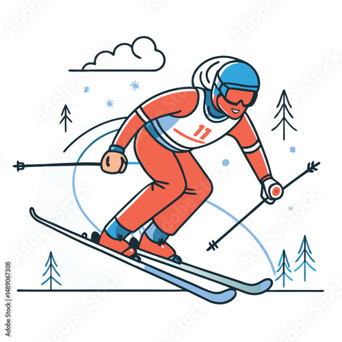 Skier Gliding Down Slopes in Concept Art Illustration