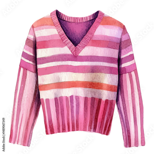 watercolor vector of Striped Sweater With A V-neck, high quality, isolated on a white background.