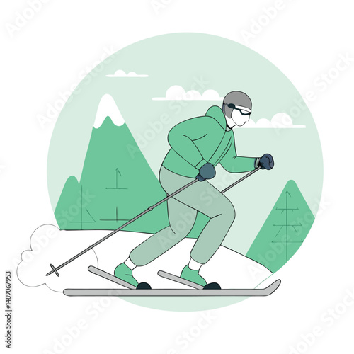 Concept Illustration of Winter's Joys: Skiing Down a Snow-Covered Mountain