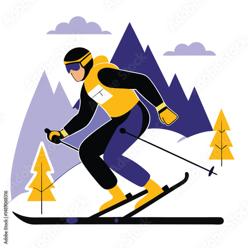 Conceptual Illustration of a Skier Enjoying a Thrilling Descent on a Snowy Slope