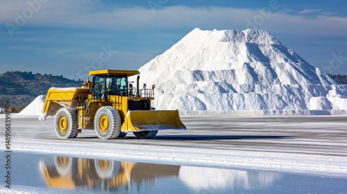 Industrial wheel loader working at a salt mine with large white mounds in background