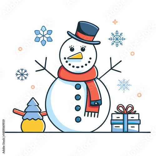 Whimsical Snowman Illustration with Festive Accessories