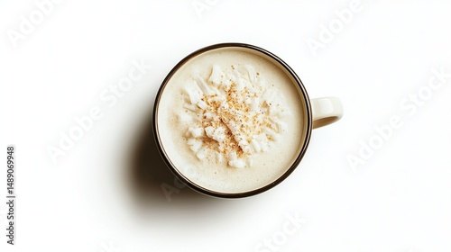 Mug of warm, creamy beverage topped with whipped cream and cinnamon sprinkles
