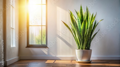 Tall Sansevieria plant in a modern pot with bright indirect sunlight filtering through the window, sunlight, low maintenance