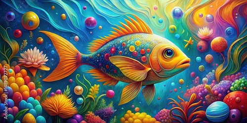 Vibrant mural of a fish swimming in a colorful ocean with bubbles and patterns surrounding it