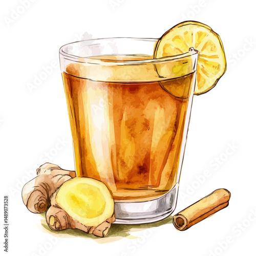 Steaming Glass Of Ginger Tea, watercolor drawing vector, high quality, isolated on a white background.