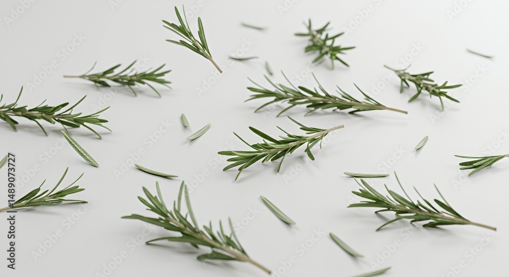 Fototapeta premium Scattered Fresh Rosemary Sprigs on White Surface for Culinary and Wellness in Studio Lighting