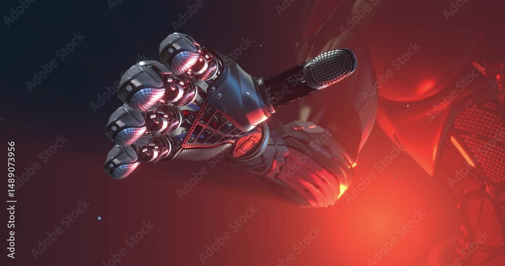 Highly detailed 3D render of a robot hand in close-up, performing a final gripping gesture. A symbolic scene of human replacement by machines, set in mist with dramatic volumetric light.