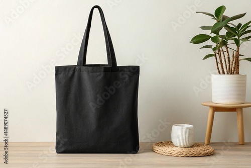 Mockups Tote Bag, black tote bag bag on a wooden table