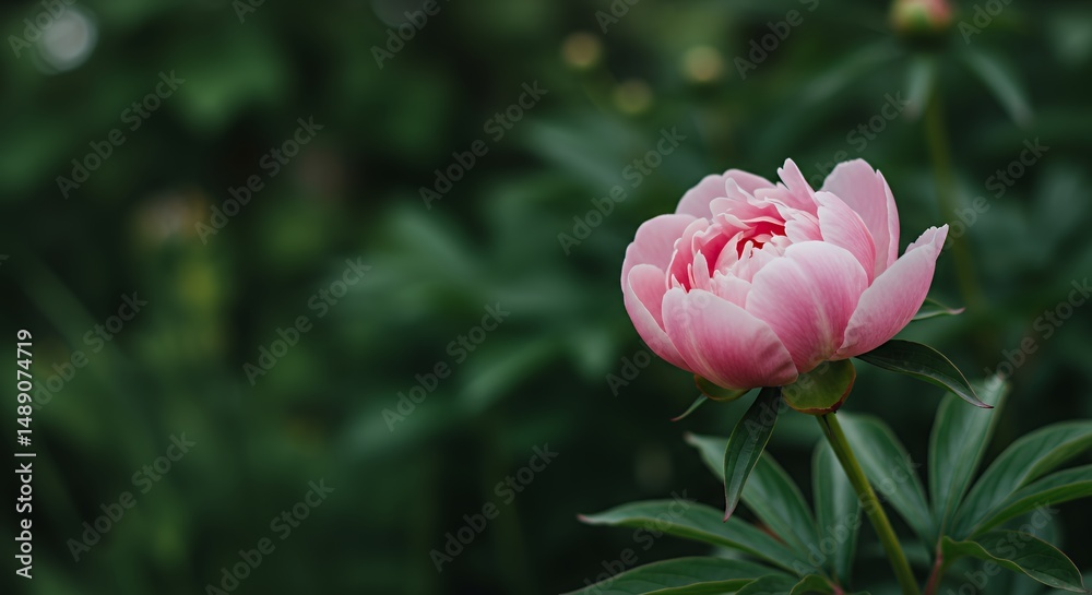 Obraz premium Close-Up of a Pink Peony Bloom with Unfurled Petals Displayed on Soft Blurred Green Background