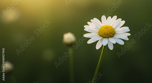 Single Daisy in Bloom with Blurred Green Background in Soft Golden Light