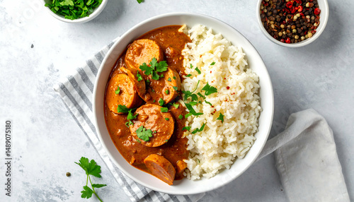 Spicy Sausage Curry with Rice -  Flatlay food photography