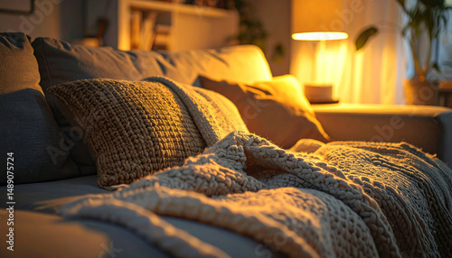 Cozy Knit Blanket & Pillows on Sofa - Hygge