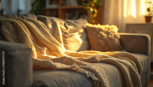 Cozy Knit Blanket on Sofa, Golden Hour Light - Hygge