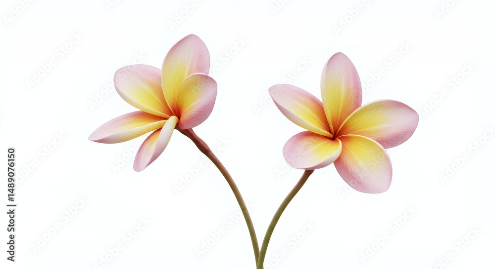 Naklejka premium Two Plumeria Flowers Pink and Yellow Petals Isolated on White Background Beauty Spa Freshness Natural Elegance Decoration Tropical Design Element