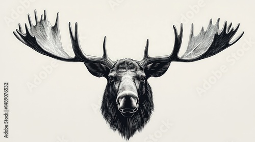 Detailed illustration of a moose head.  Large antlers, dark fur
